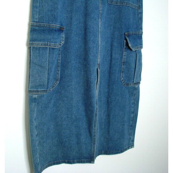 Miou Muse Midi Denim Cargo Straight Skirt Size Small Front Slit Pockets Utility - Picture 3 of 11